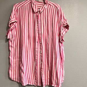 Pink and white striped button down blouse